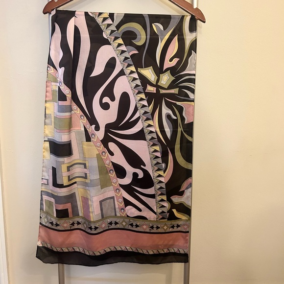 Pucci-Inspired Carlisle 100% Silk Scarf. Oblong 58”x19” Pink, Brown, Gray, Green - Picture 4 of 6